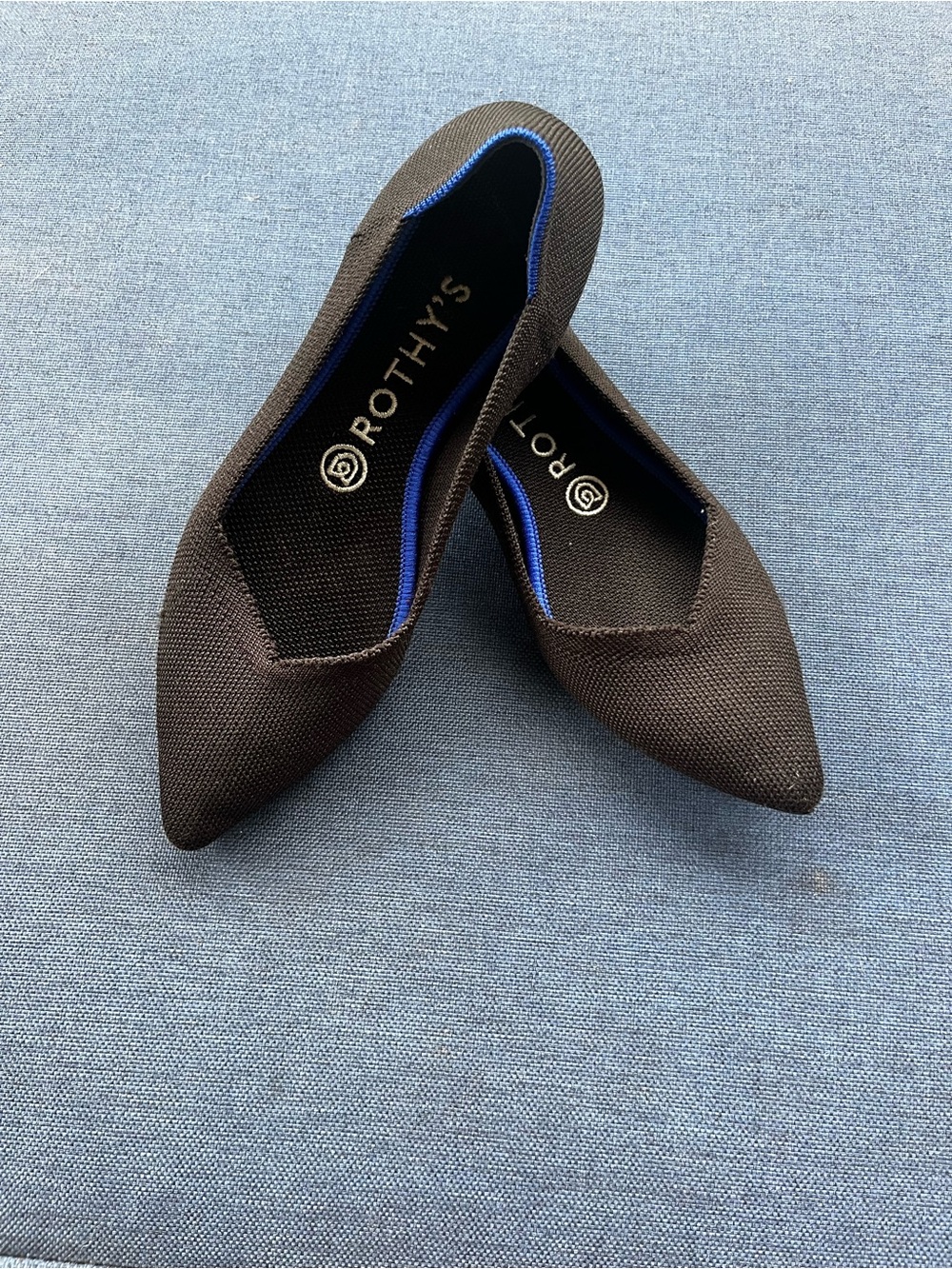 Rothy's Black Pointed Knit Flats with Blue Trim